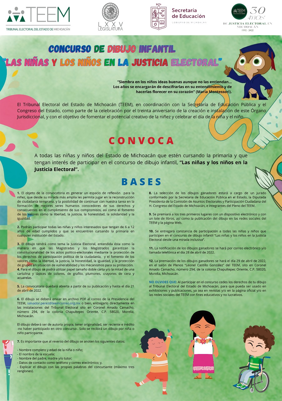 AMPLÍA TEEM CONVOCATORIA PARA CONCURSO DE DIBUJO INFANTIL “LAS NIÑAS Y LOS NIÑOS EN LA JUSTICIA ELECTORAL”